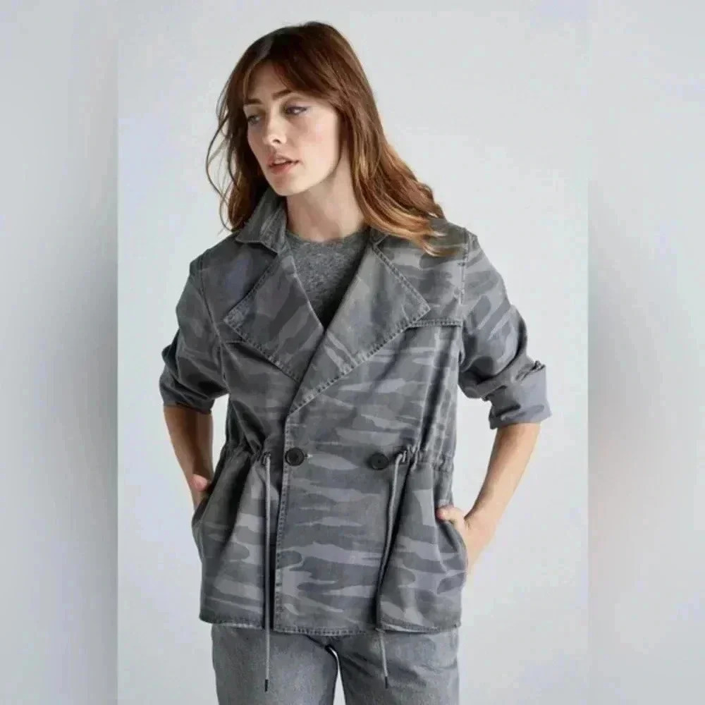 Lucky Brand Blue Grey Printed Camo Cropped Trench Coat Jacket Size Medium M